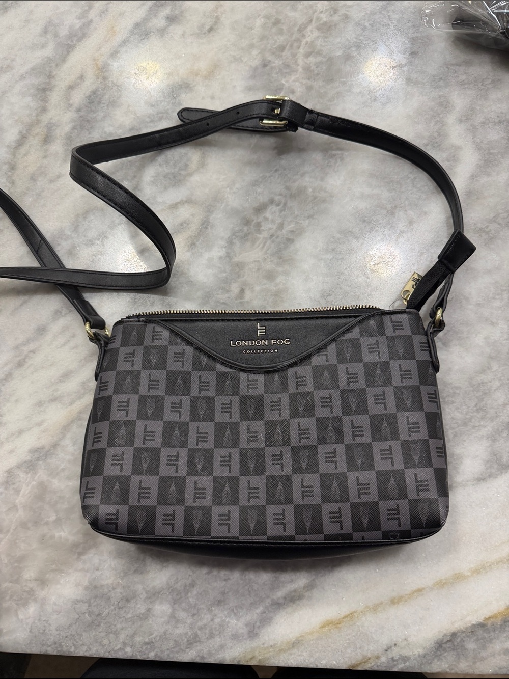 London Fog Gray and Black Checker Crossbody Bag